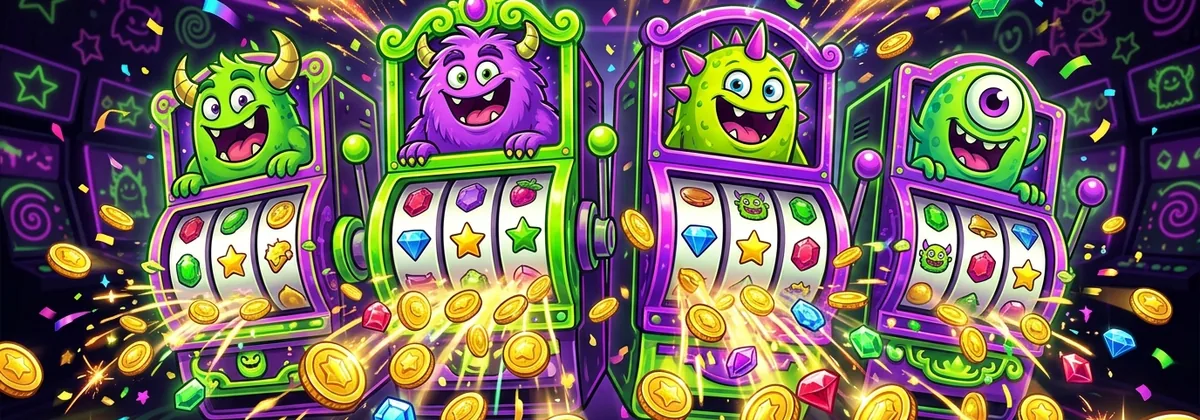 Monster Casino slots and games banner with colourful slot reels